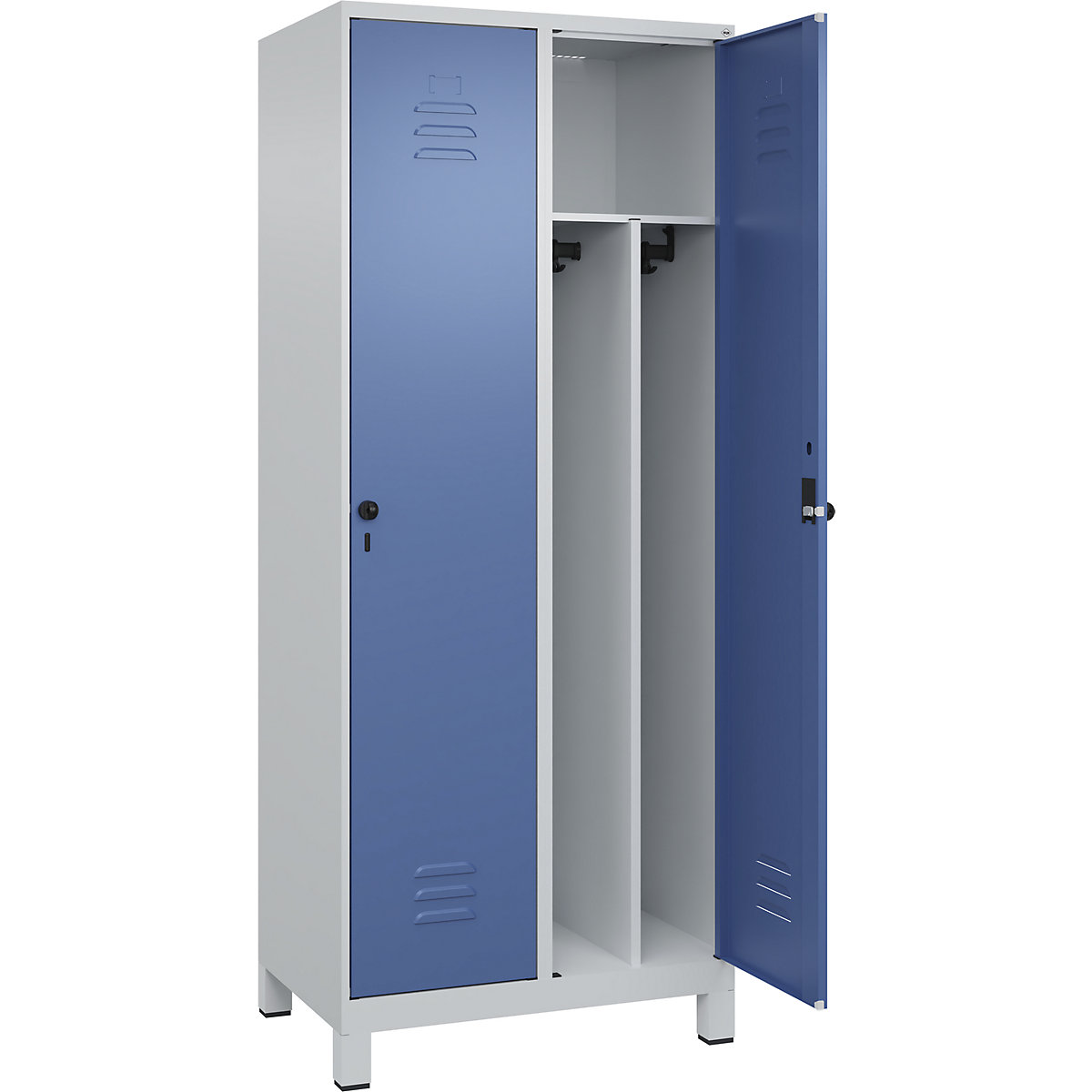 Szafka Classic PLUS na odzież prywatną i roboczą, wąska – C+P, 2 przedziały, ścianka działowa skrócona, jasnoszara / niebiesko-mglista, szer. 800 mm, z nóżkami, rygiel obrotowy, ścianka działowa pośrodku-0