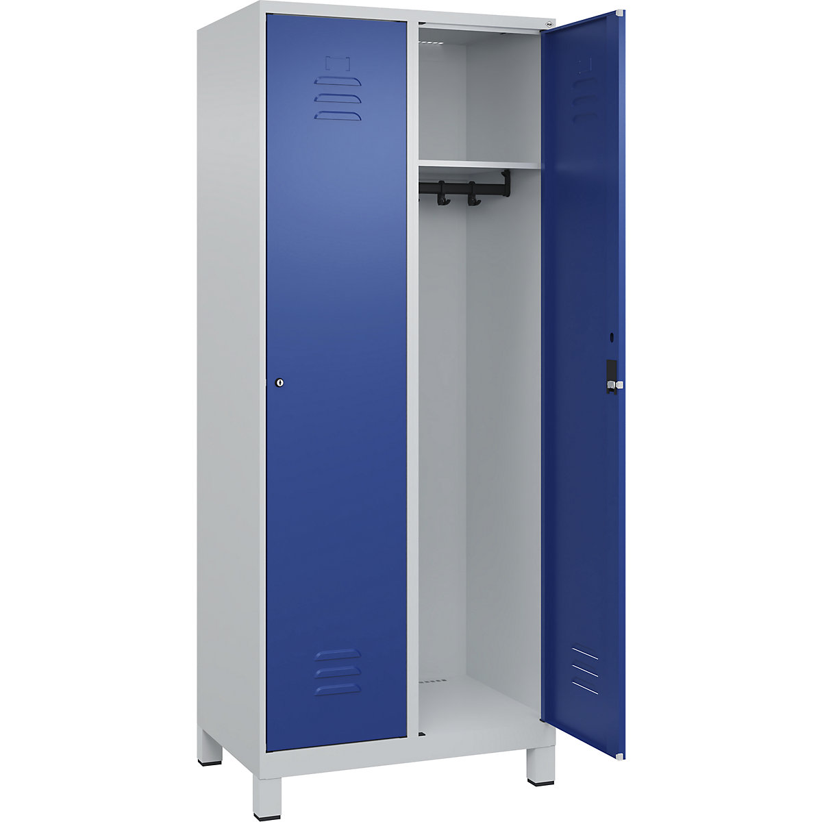 Szafka Classic PLUS – C+P, 2 przedziały, jasnoszara / niebieski gencjanowy, szer. 800 mm, z nóżkami, zamek bębenkowy-0