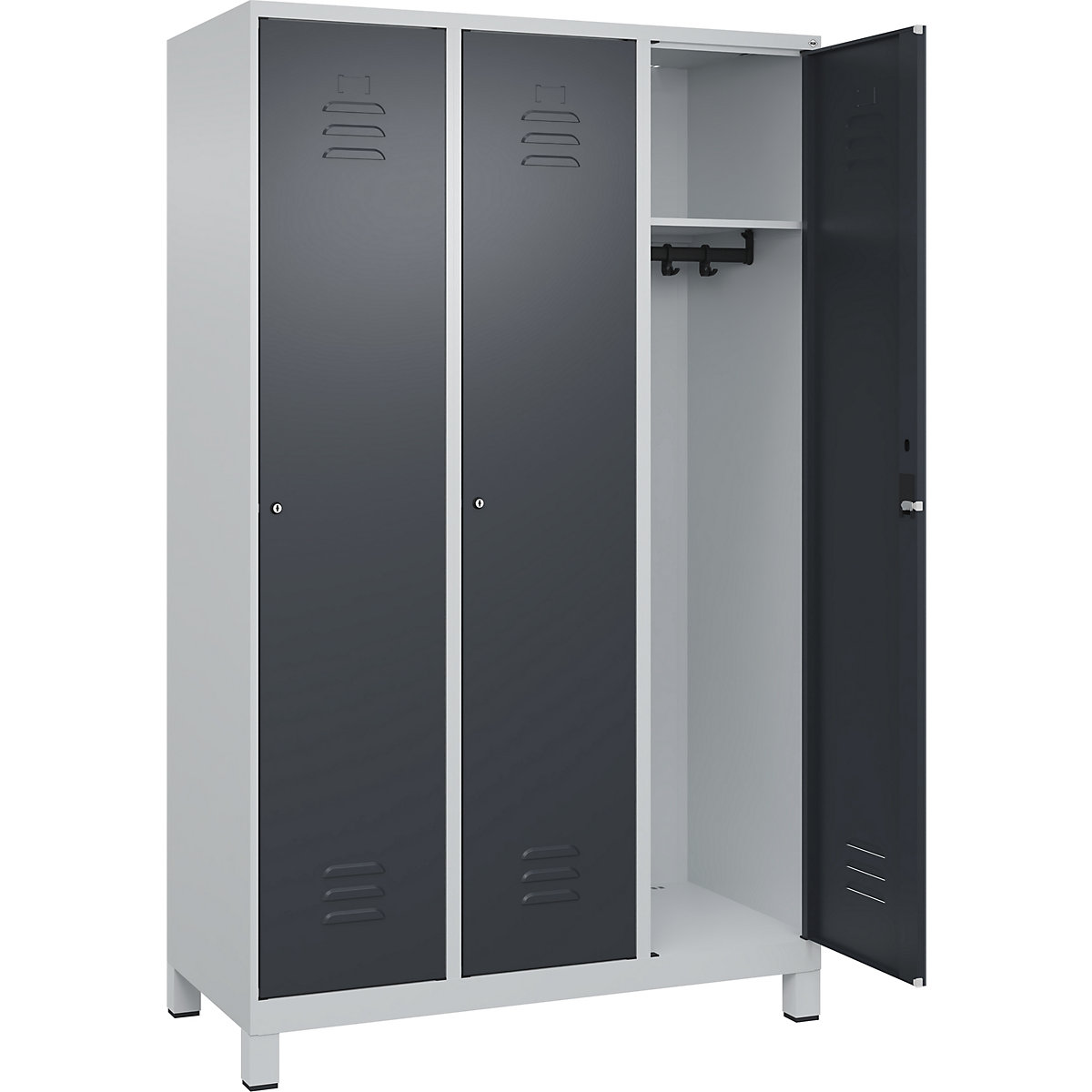 Szafka Classic PLUS – C+P, 3 przedziały, jasnoszara / szara, szer. 1200 mm, z nóżkami, zamek bębenkowy-0