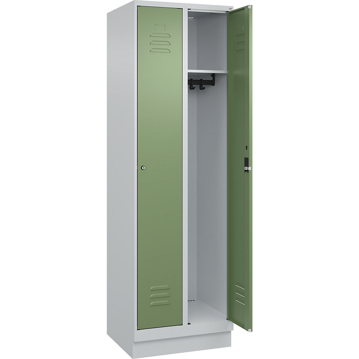 Szafka Classic PLUS – C+P, 2 przedziały, jasnoszara / rezedowo-zielona, szer. 600 mm, z cokołem, zamek bębenkowy-0