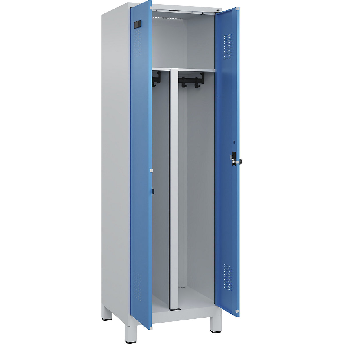 Szafka Evolo PLUS na odzież prywatną i roboczą, 1 przedział, ścianka działowa skrócona, jasnoszara / jasnoniebieska, szer. 600 mm, z szerokimi nóżkami, zabezpieczający rygiel obrotowy-0