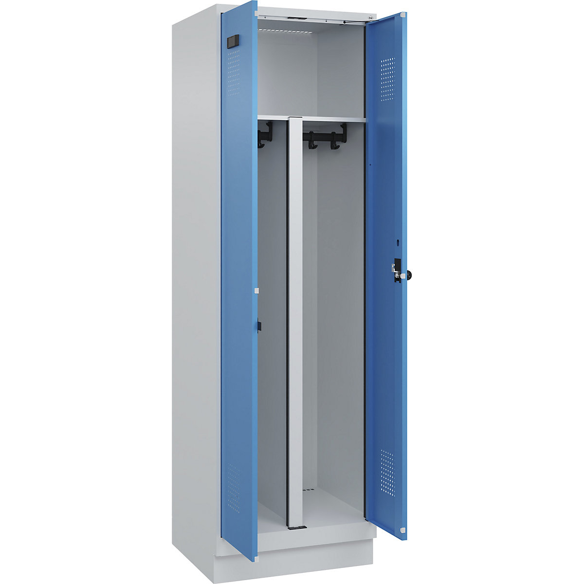 Szafka Evolo PLUS na odzież prywatną i roboczą, 1 przedział, ścianka działowa skrócona, jasnoszara / jasnoniebieska, szer. 600 mm, z cokołem, zabezpieczający rygiel obrotowy-0