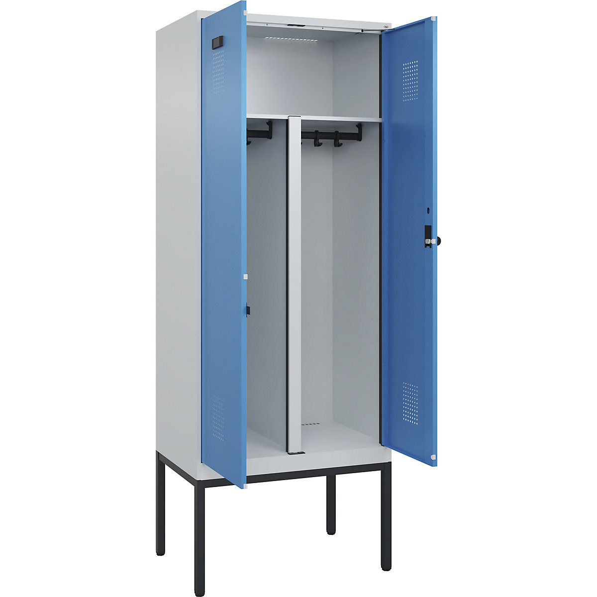 Szafka Evolo PLUS na odzież prywatną i roboczą, 1 przedział, ścianka działowa skrócona, jasnoszara / jasnoniebieska, szer. 800 mm, z wąskimi nóżkami, zabezpieczający rygiel obrotowy-0