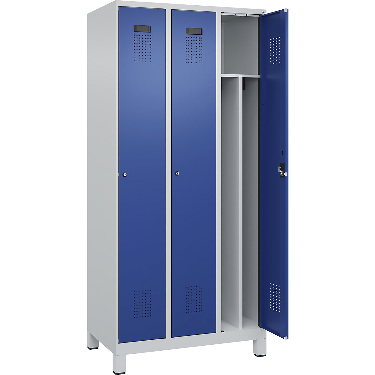 Szafka Evolo PLUS na odzież prywatną i roboczą, wąska, 3 przedziały, ścianka działowa skrócona, jasnoszara / niebieski gencjanowy, szer. 900 mm, z szerokimi nóżkami, zamek bębenkowy-0