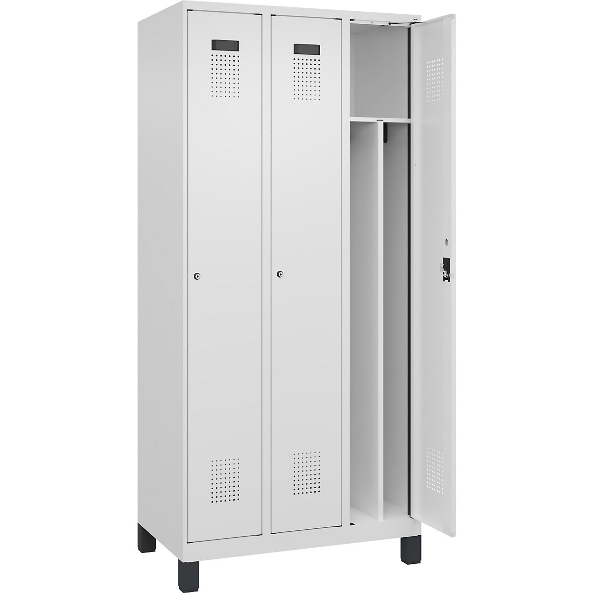Szafka Evolo PLUS na odzież prywatną i roboczą, wąska, 3 przedziały, ścianka działowa skrócona, biała, szer. 900 mm, z szerokimi nóżkami, zamek bębenkowy-0