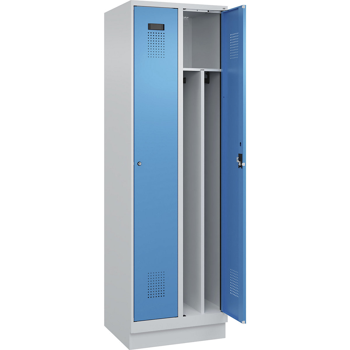 Szafka Evolo PLUS na odzież prywatną i roboczą, wąska, 2 przedziały, ścianka działowa skrócona, jasnoszara / jasnoniebieska, szer. 600 mm, z cokołem, zamek bębenkowy-0