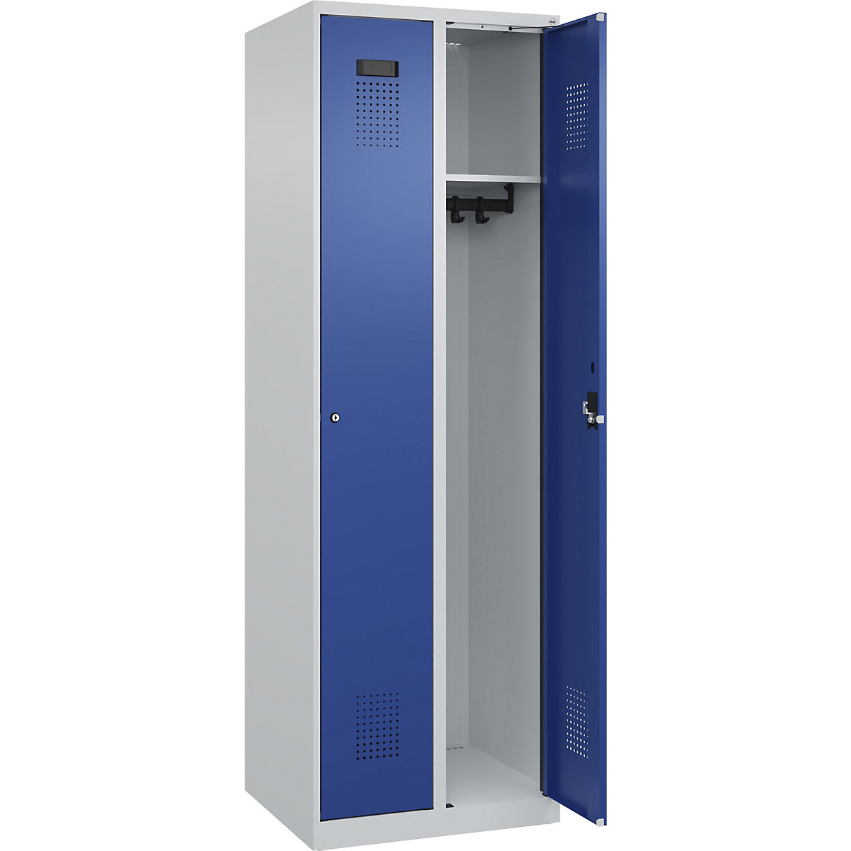 Szafka Evolo PLUS – C+P, 2 przedziały, jasnoszara / niebieski gencjanowy, szer. 600 mm, ze ślizgaczami podłogowymi, zamek bębenkowy-0