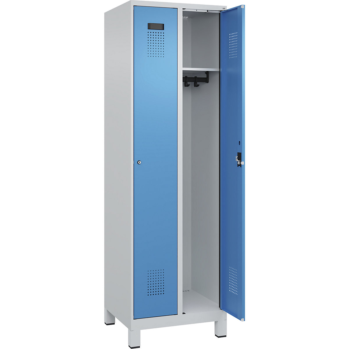 Szafka Evolo PLUS – C+P, 2 przedziały, jasnoszara / jasnoniebieska, szer. 600 mm, z szerokimi nóżkami, zamek bębenkowy-0