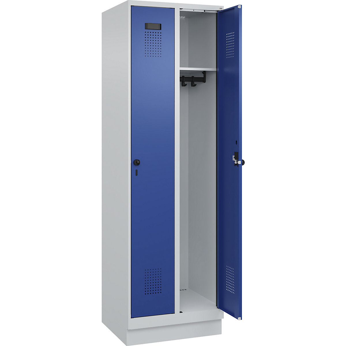 Szafka Evolo PLUS – C+P, 2 przedziały, jasnoszara / niebieski gencjanowy, szer. 600 mm, z cokołem, rygiel obrotowy-0