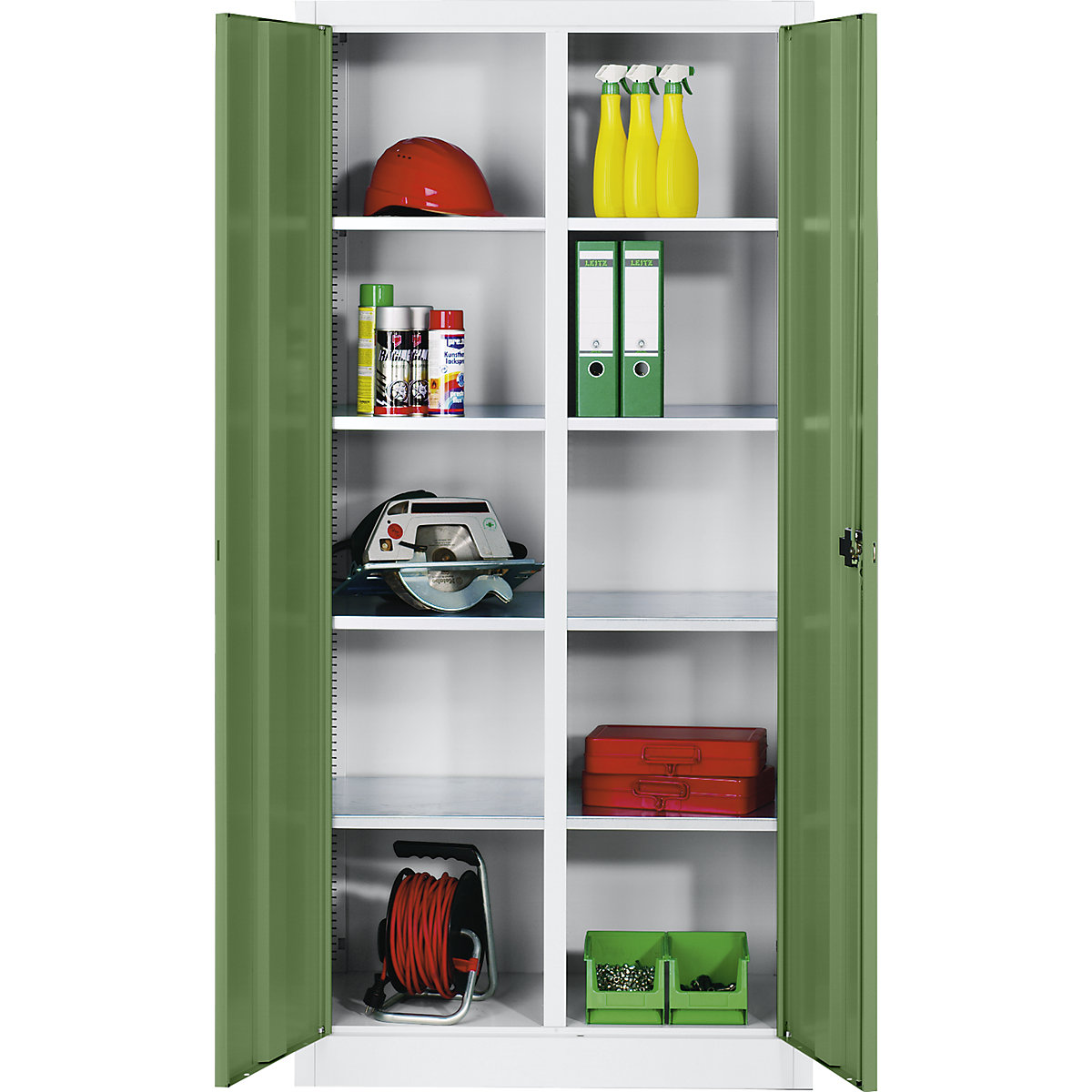 Szafka na materiały z blachy stalowej – C+P, 8 półek, wys. x szer. x gł. 1950 x 930 x 500 mm, drzwi rezedowo-zielone, korpus jasnoszary-0