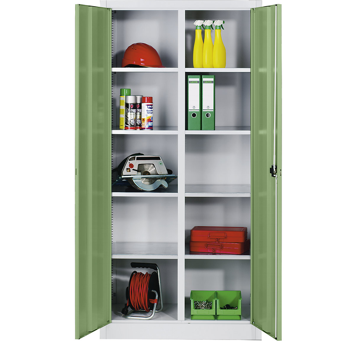 Szafka na materiały z blachy stalowej – C+P, 8 półek, wys. x szer. x gł. 1950 x 1200 x 500 mm, drzwi rezedowo-zielone, korpus jasnoszary-0