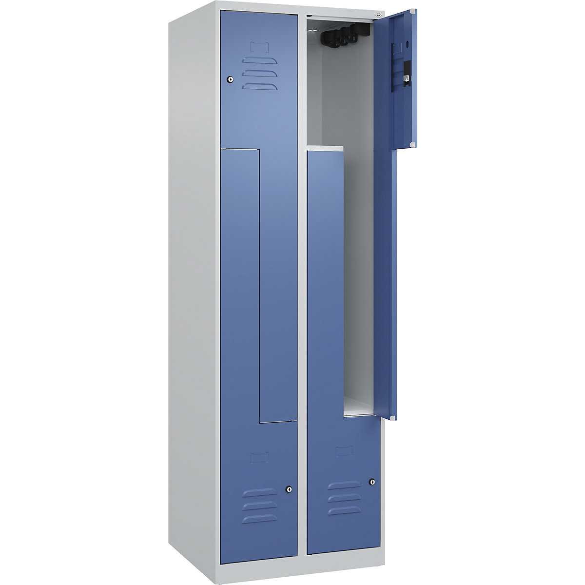 Szafka typu L Classic PLUS – C+P, 2 przedziały, jasnoszara / niebiesko-mglista, szer. 600 mm, ze ślizgaczami podłogowymi, zamek bębenkowy-0