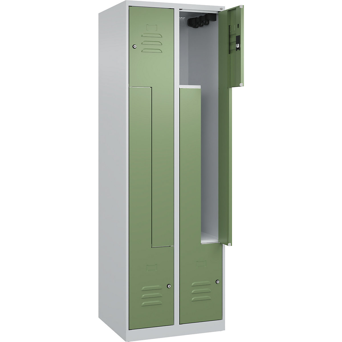 Szafka typu L Classic PLUS – C+P, 2 przedziały, jasnoszara / rezedowo-zielona, szer. 600 mm, ze ślizgaczami podłogowymi, zamek bębenkowy-0