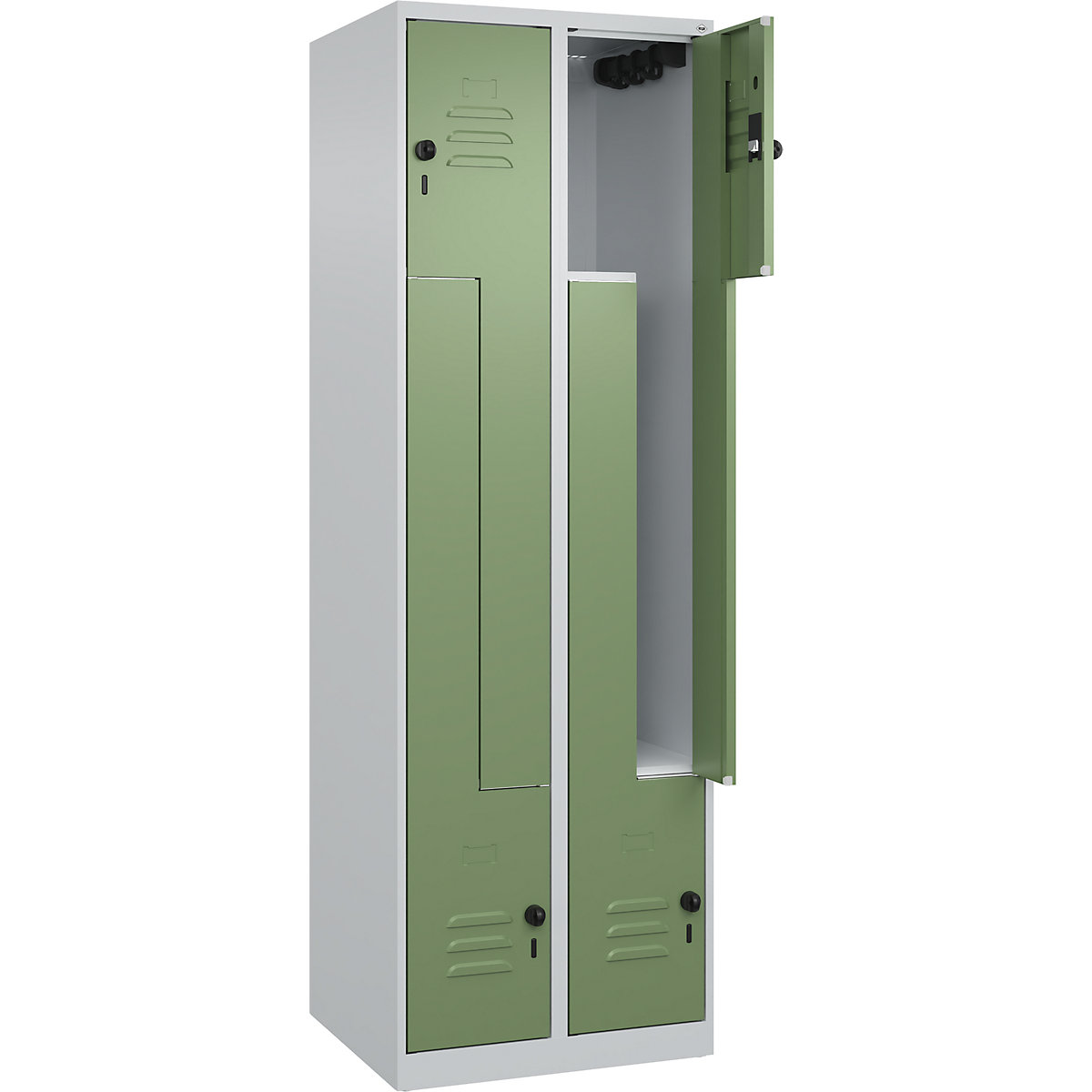 Szafka typu L Classic PLUS – C+P, 2 przedziały, jasnoszara / rezedowo-zielona, szer. 600 mm, ze ślizgaczami podłogowymi, rygiel obrotowy-0