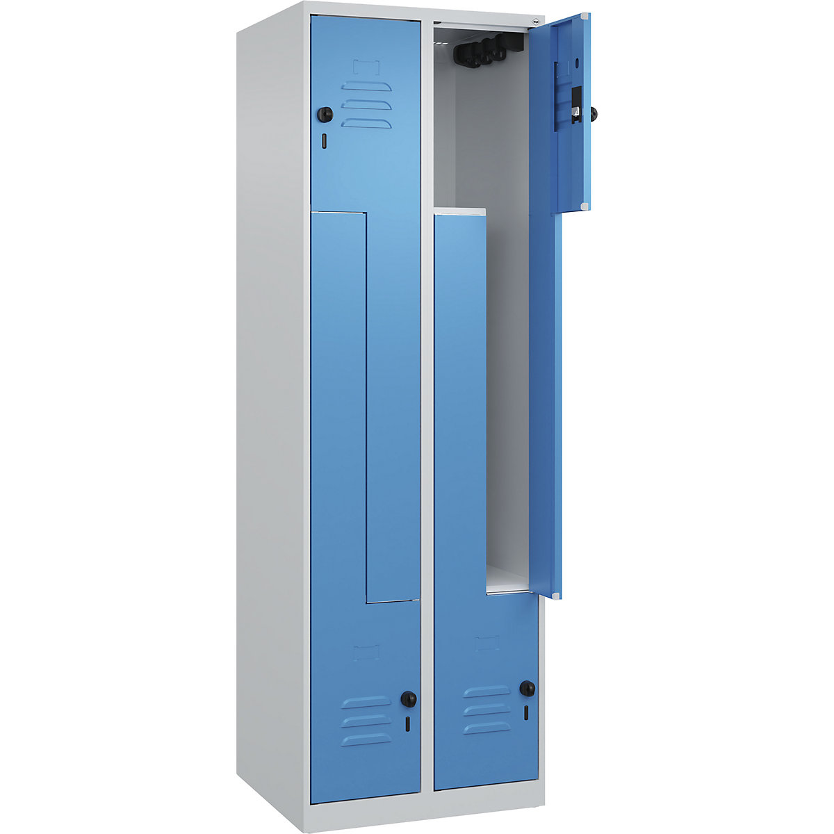 Szafka typu L Classic PLUS – C+P, 2 przedziały, jasnoszara / jasnoniebieska, szer. 600 mm, ze ślizgaczami podłogowymi, rygiel obrotowy-0