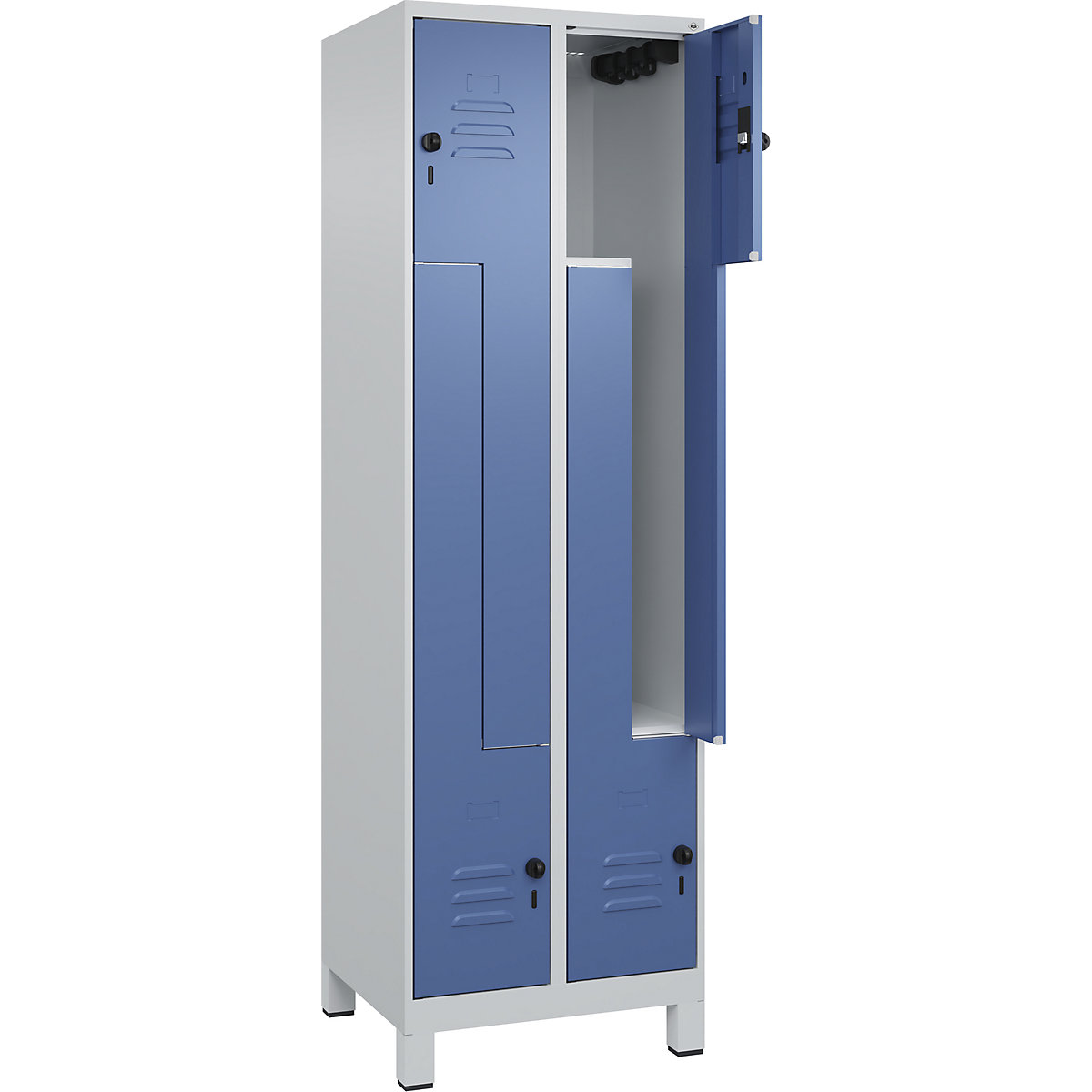 Szafka typu L Classic PLUS – C+P, 2 przedziały, jasnoszara / niebiesko-mglista, szer. 600 mm, z nóżkami, rygiel obrotowy-0