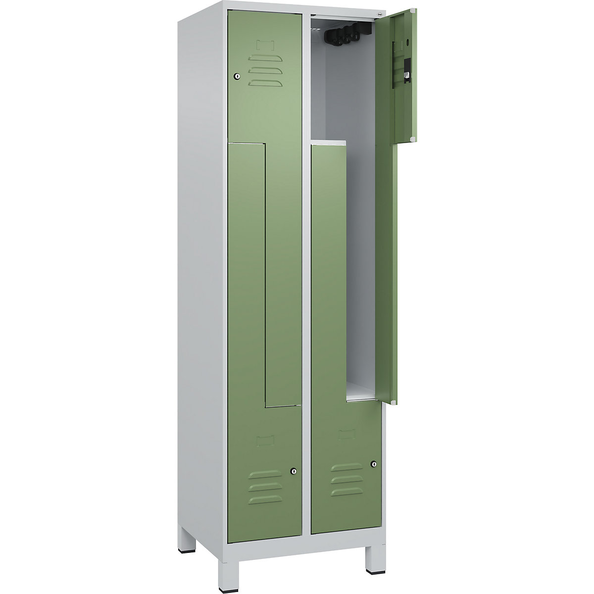Szafka typu L Classic PLUS – C+P, 2 przedziały, jasnoszara / rezedowo-zielona, szer. 600 mm, z nóżkami, zamek bębenkowy-0