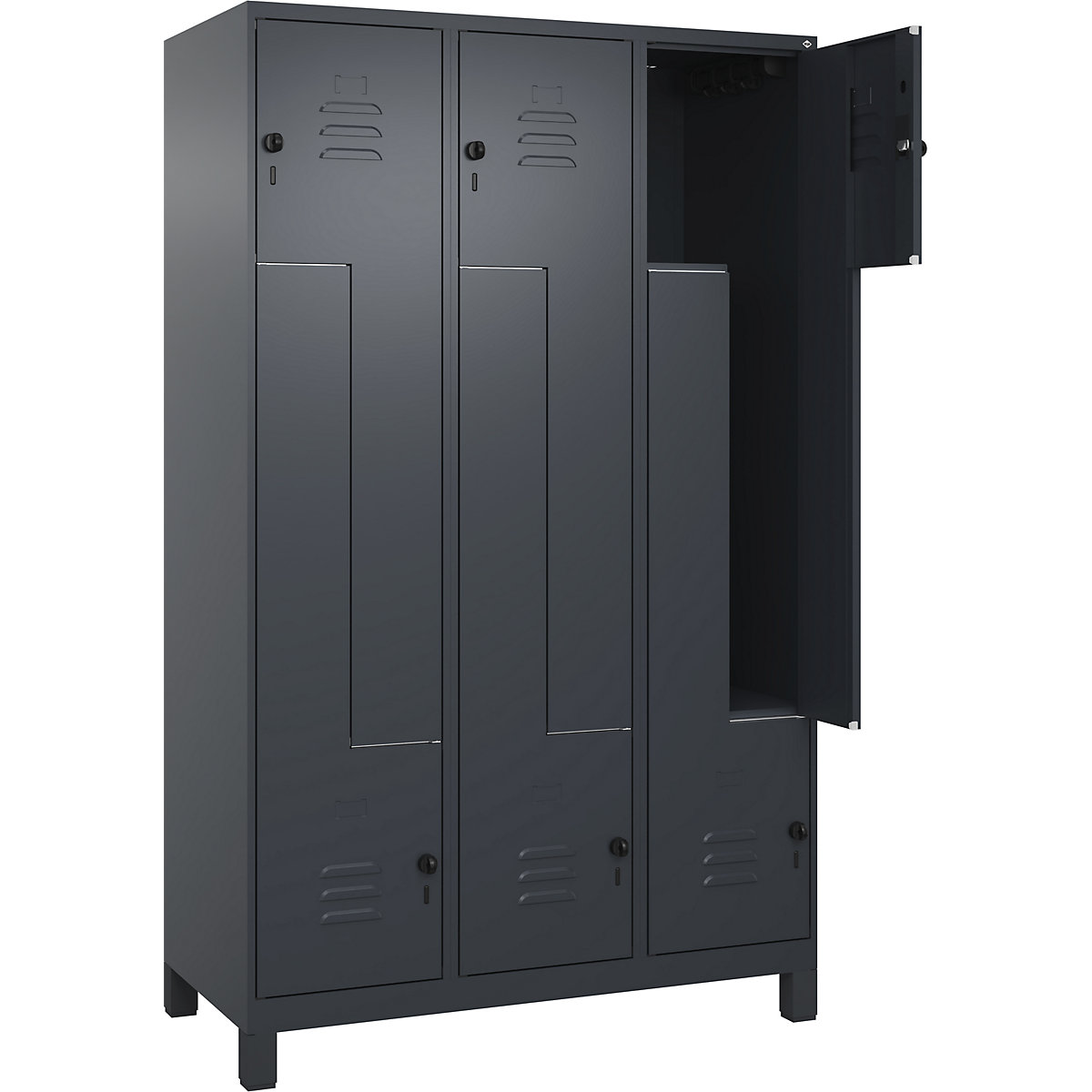 Szafka typu L Classic PLUS – C+P, 3 przedziały, szara, szer. 1200 mm, z nóżkami, rygiel obrotowy-0