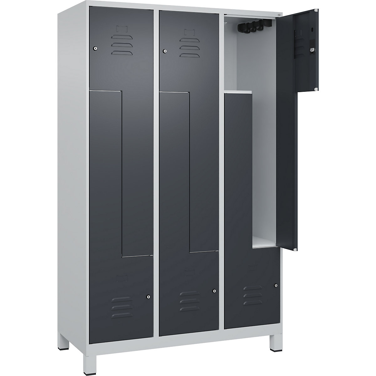 Szafka typu L Classic PLUS – C+P, 3 przedziały, jasnoszara / szara, szer. 1200 mm, z nóżkami, zamek bębenkowy-0