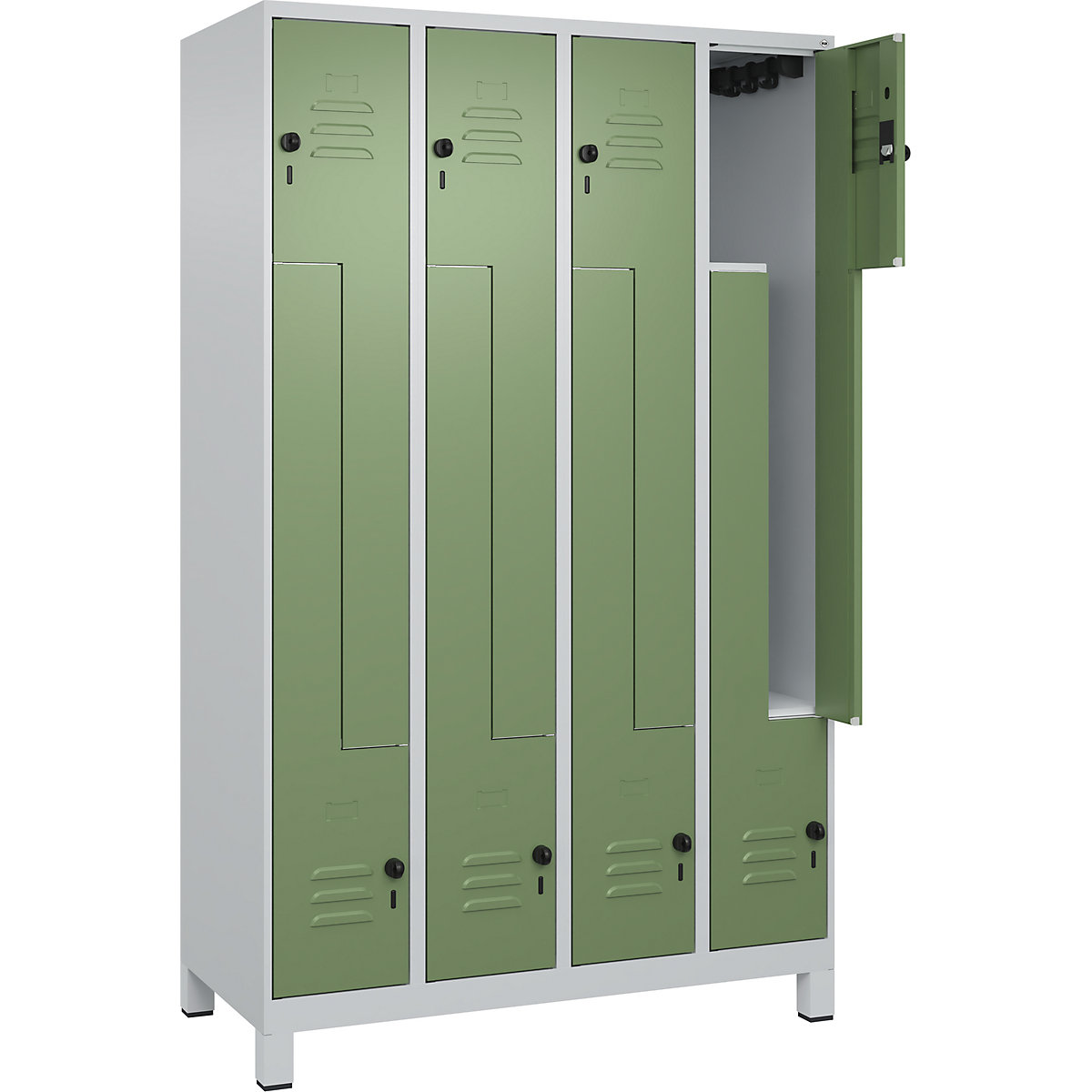 Szafka typu L Classic PLUS – C+P, 4 przedziały, jasnoszara / rezedowo-zielona, szer. 1200 mm, z nóżkami, rygiel obrotowy-0