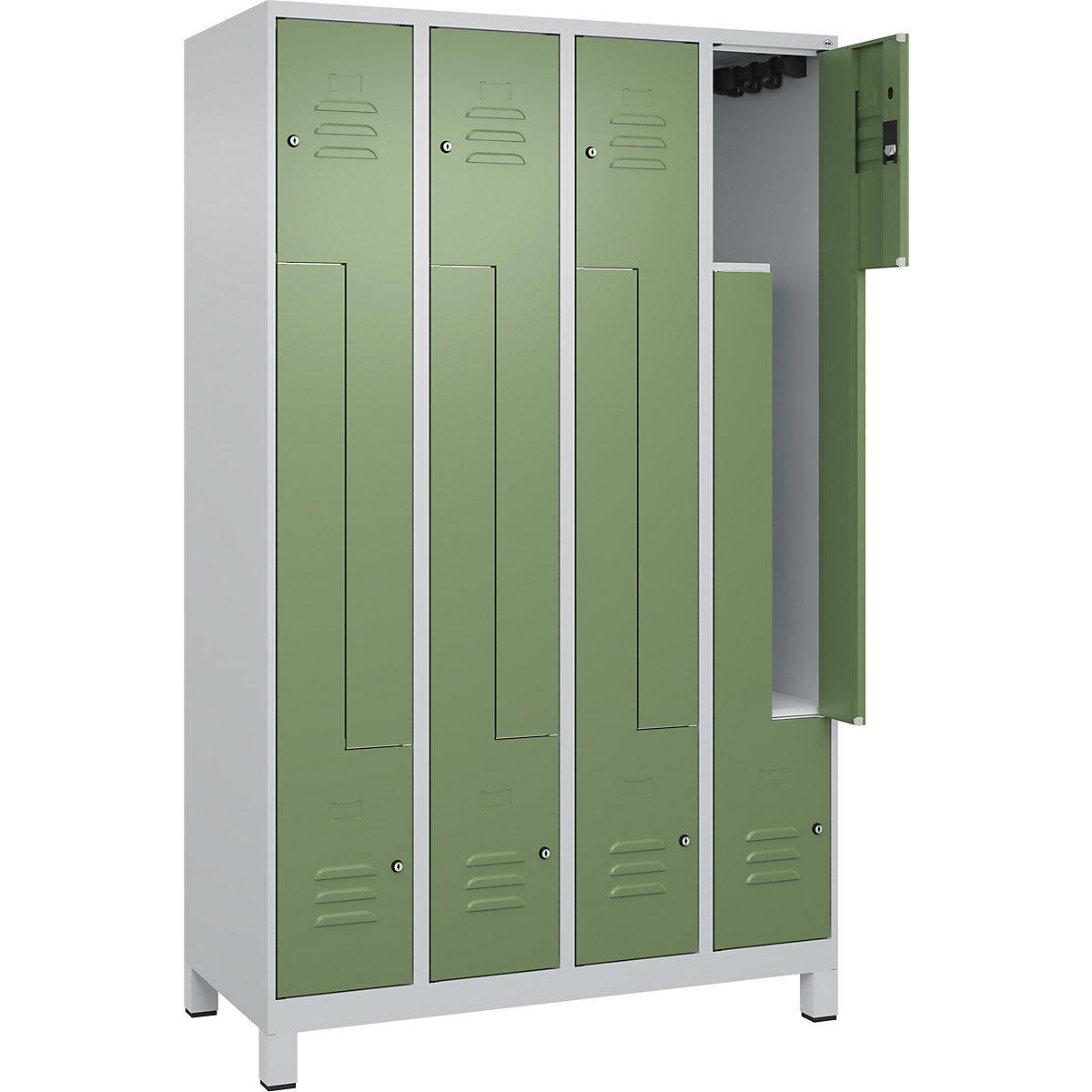 Szafka typu L Classic PLUS – C+P, 4 przedziały, jasnoszara / rezedowo-zielona, szer. 1200 mm, z nóżkami, zamek bębenkowy-0
