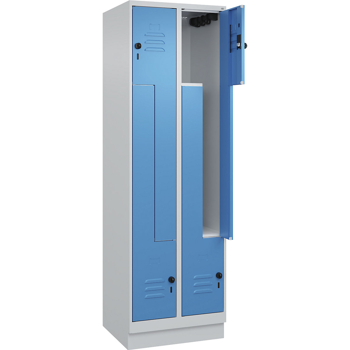 Szafka typu L Classic PLUS – C+P, 2 przedziały, jasnoszara / jasnoniebieska, szer. 600 mm, z cokołem, rygiel obrotowy-0