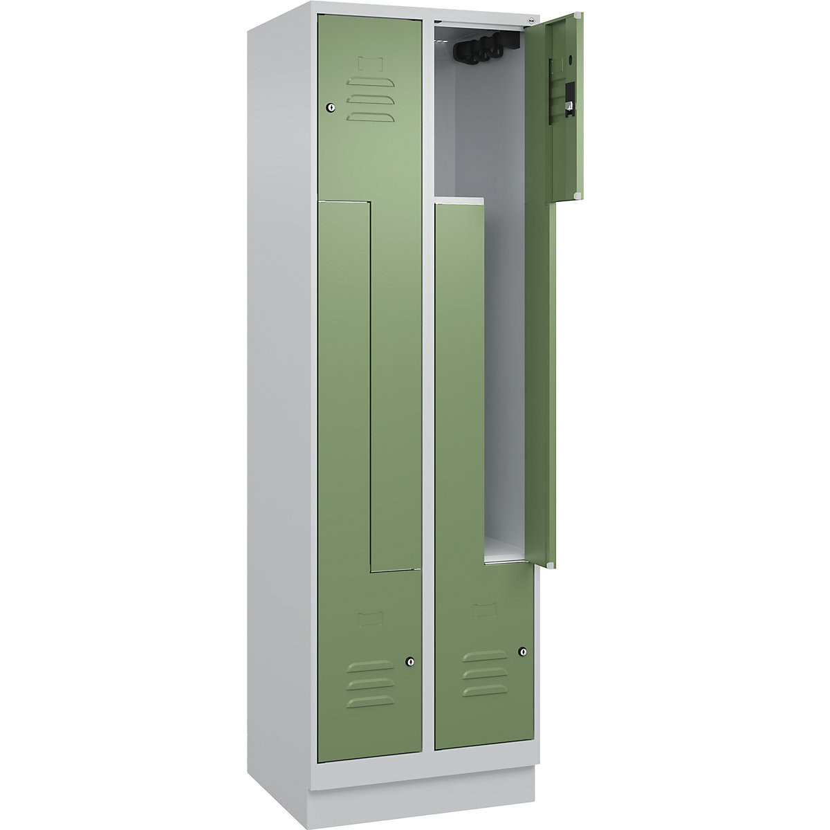 Szafka typu L Classic PLUS – C+P, 2 przedziały, jasnoszara / rezedowo-zielona, szer. 600 mm, z cokołem, zamek bębenkowy-0