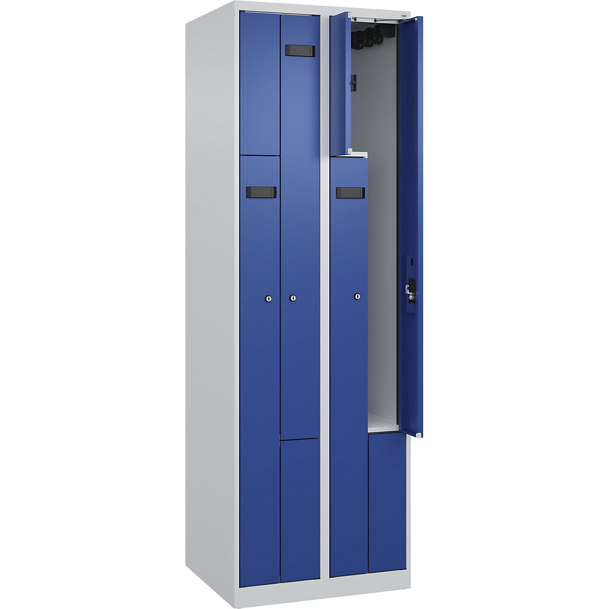 Szafka typu L Evolo PLUS, 2 przedziały, jasnoszara / niebieski gencjanowy, szer. 600 mm, 4 schowki, ze ślizgaczami podłogowymi, zamek bębenkowy-0