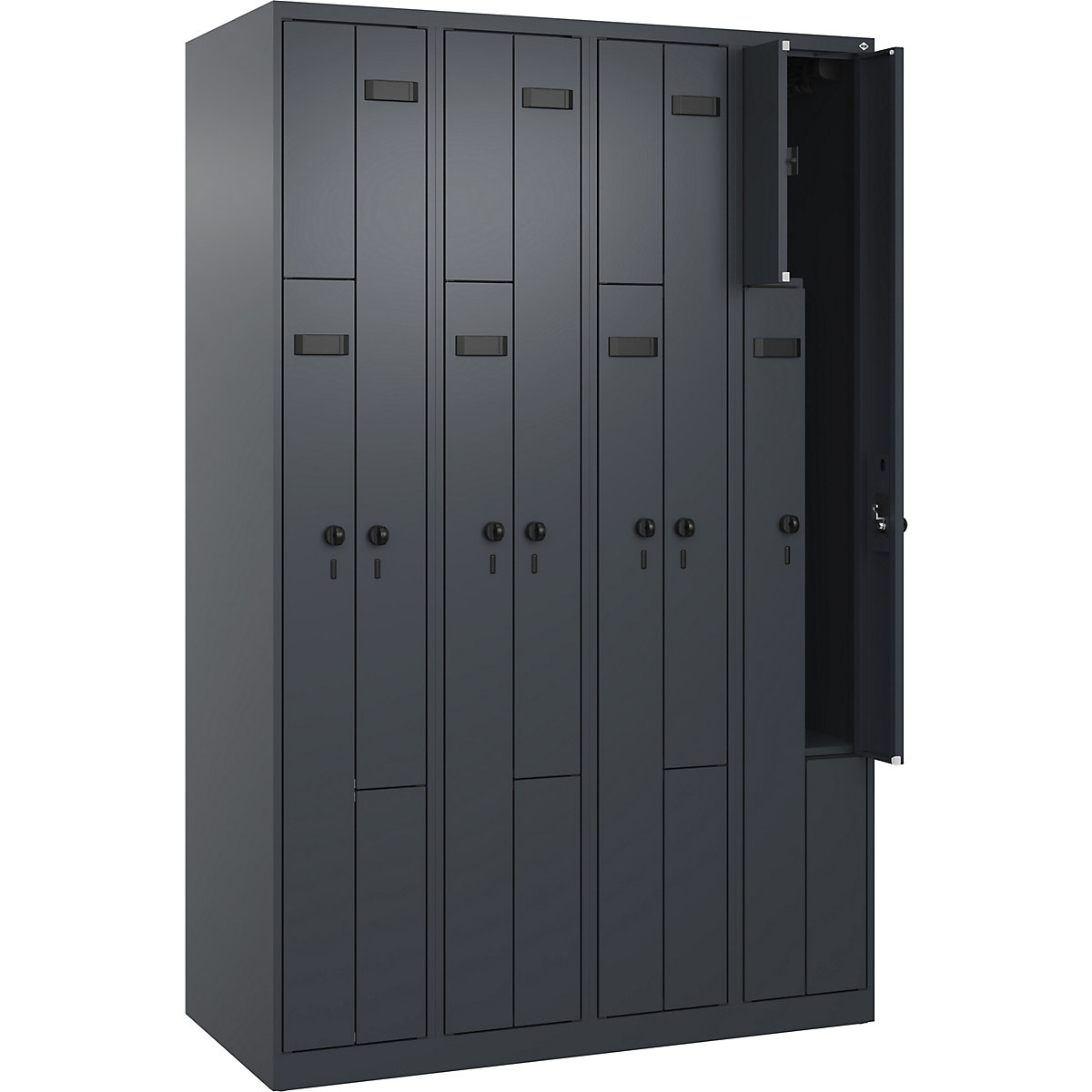 Szafka typu L Evolo PLUS, 4 przedziały, szara, szer. 1200 mm, 8 schowków, ze ślizgaczami podłogowymi, zabezpieczający rygiel obrotowy-0