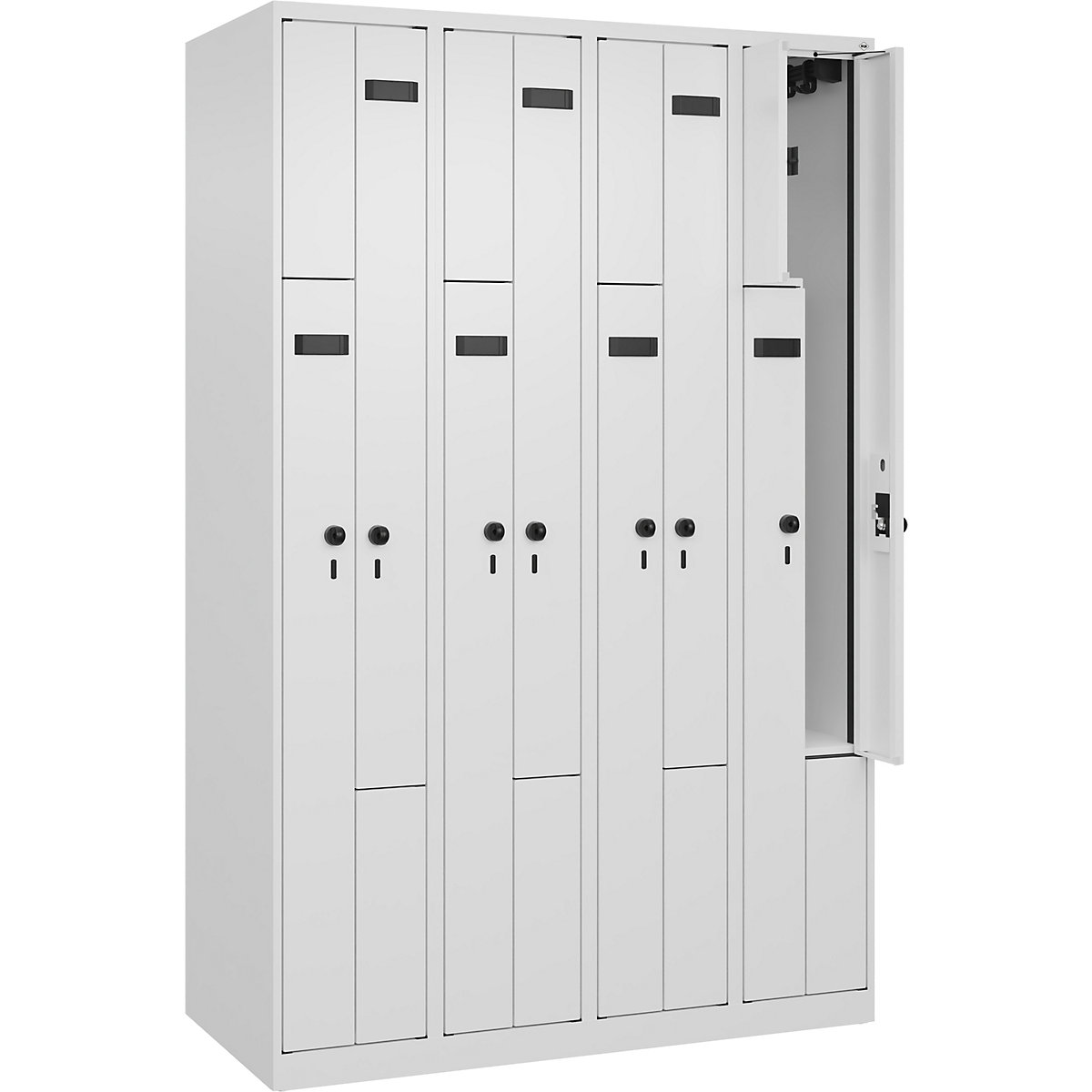 Szafka typu L Evolo PLUS, 4 przedziały, biała, szer. 1200 mm, 8 schowków, ze ślizgaczami podłogowymi, zabezpieczający rygiel obrotowy-0