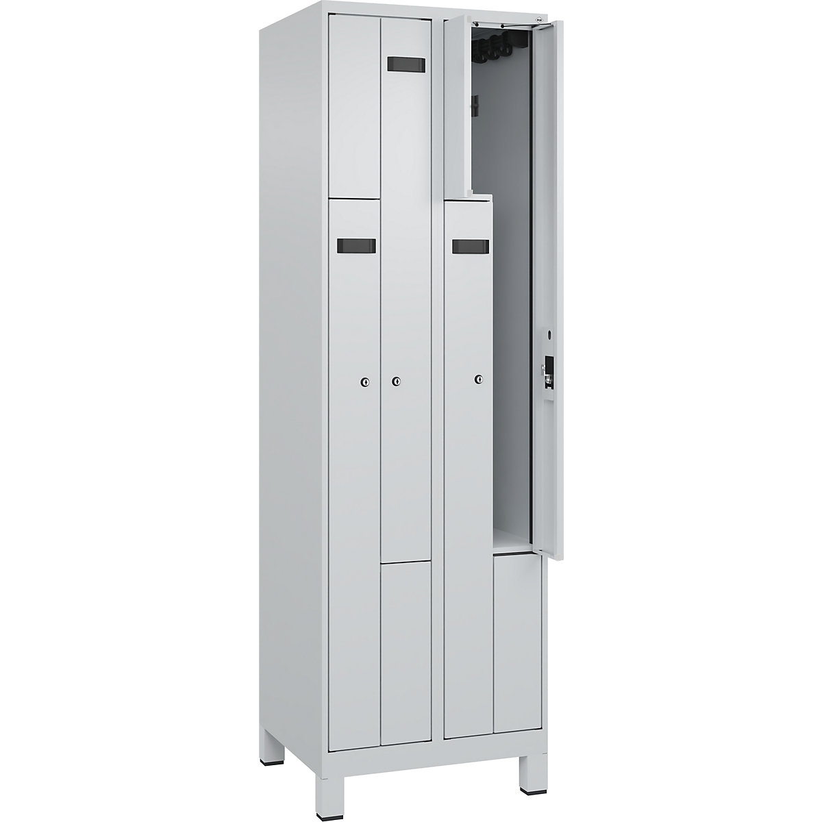 Szafka typu L Evolo PLUS, 2 przedziały, jasnoszara, szer. 600 mm, 4 schowki, z szerokimi nóżkami, zamek bębenkowy-0