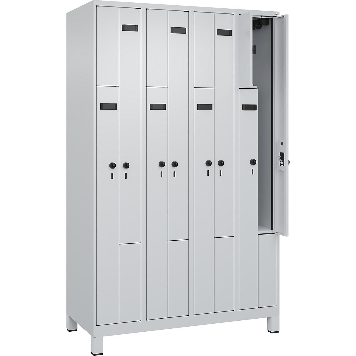 Szafka typu L Evolo PLUS, 4 przedziały, jasnoszara, szer. 1200 mm, 8 schowków, z szerokimi nóżkami, zabezpieczający rygiel obrotowy-0