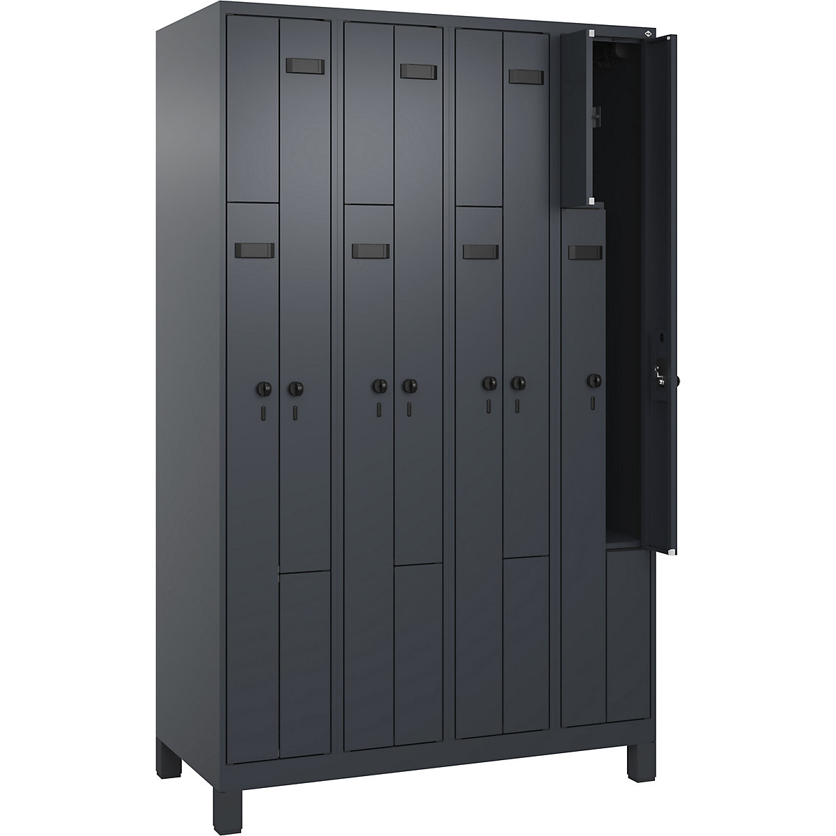 Szafka typu L Evolo PLUS, 4 przedziały, szara, szer. 1200 mm, 8 schowków, z szerokimi nóżkami, zabezpieczający rygiel obrotowy-0
