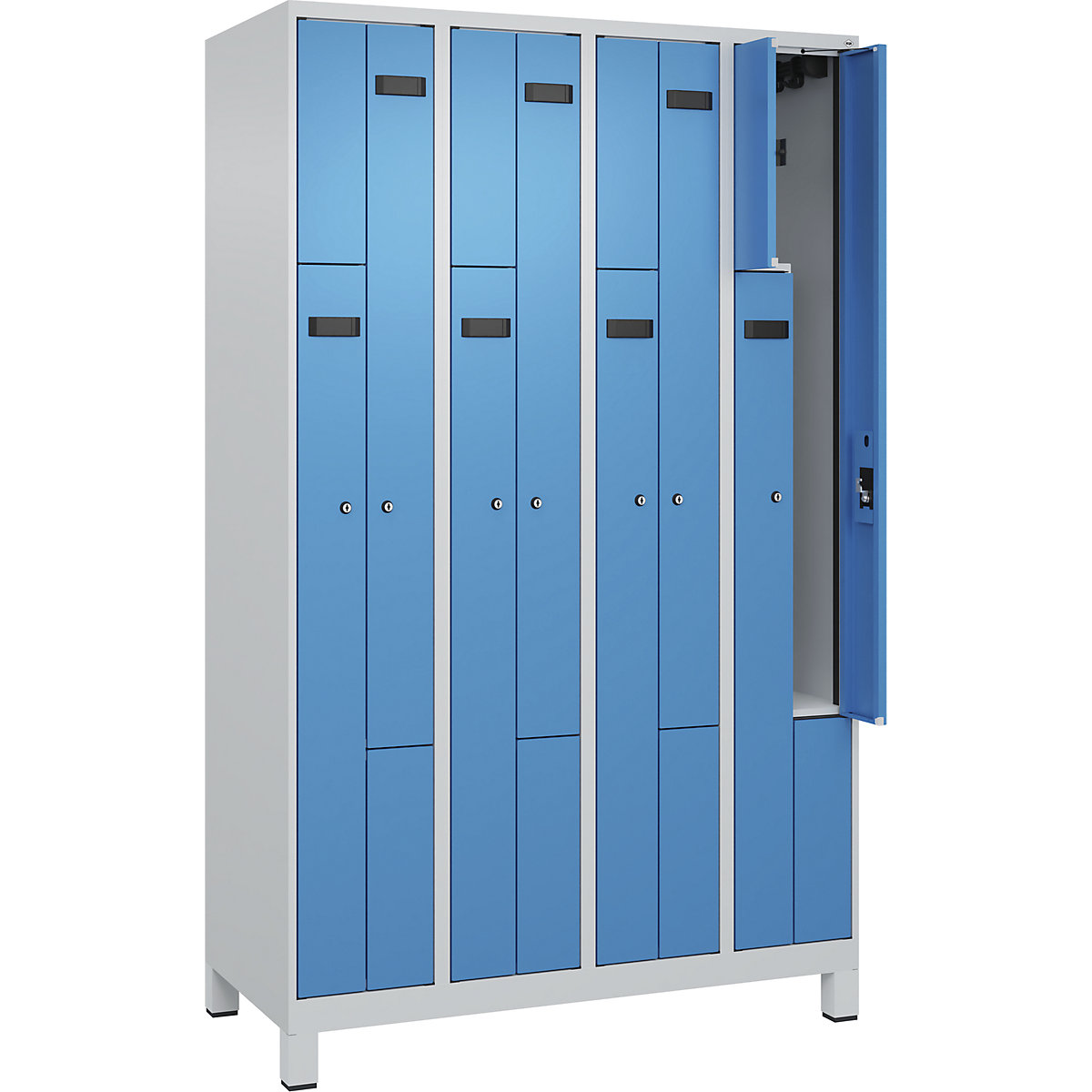 Szafka typu L Evolo PLUS, 4 przedziały, jasnoszara / jasnoniebieska, szer. 1200 mm, 8 schowków, z szerokimi nóżkami, zamek bębenkowy-0