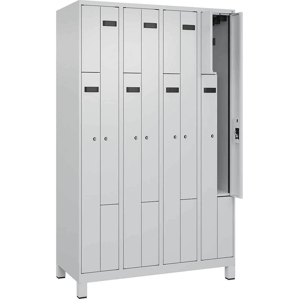 Szafka typu L Evolo PLUS, 4 przedziały, jasnoszara, szer. 1200 mm, 8 schowków, z szerokimi nóżkami, zamek bębenkowy-0