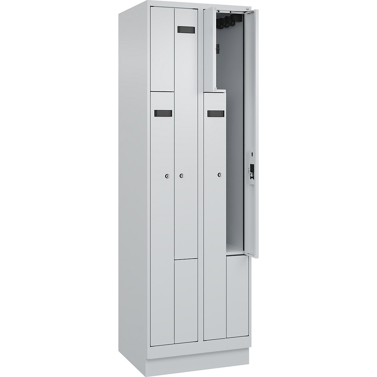 Szafka typu L Evolo PLUS, 2 przedziały, jasnoszara, szer. 600 mm, 4 schowki, z cokołem, zamek bębenkowy-0