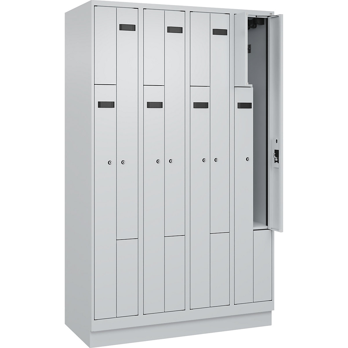 Szafka typu L Evolo PLUS, 4 przedziały, jasnoszara, szer. 1200 mm, 8 schowków, z cokołem, zamek bębenkowy-0