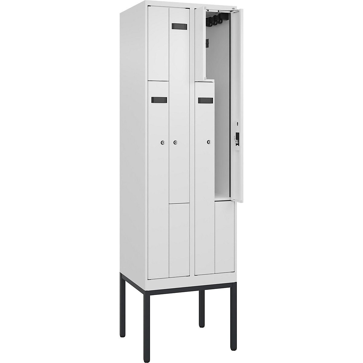 Szafka typu L Evolo PLUS, 2 przedziały, biała, szer. 600 mm, 4 schowki, z wąskimi nóżkami, zamek bębenkowy-0