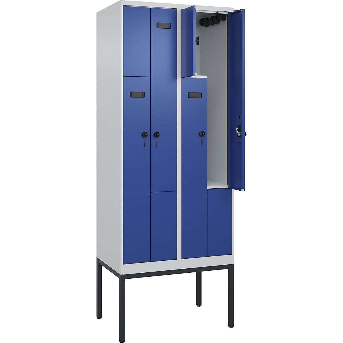 Szafka typu L Evolo PLUS, 2 przedziały, jasnoszara / niebieski gencjanowy, szer. 800 mm, 4 schowki, z wąskimi nóżkami, zabezpieczający rygiel obrotowy-0