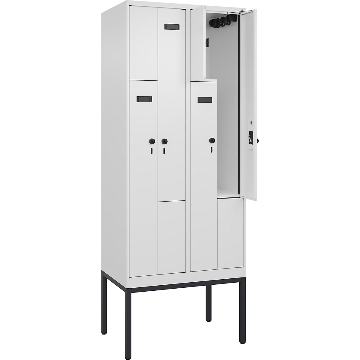Szafka typu L Evolo PLUS, 2 przedziały, biała, szer. 800 mm, 4 schowki, z wąskimi nóżkami, zabezpieczający rygiel obrotowy-0