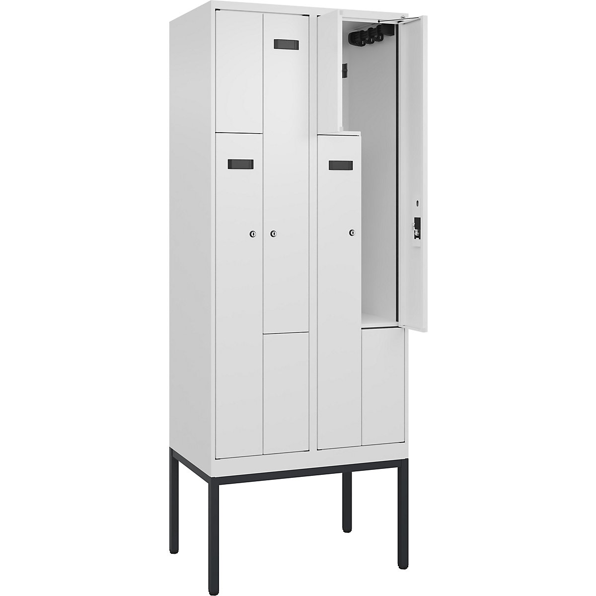 Szafka typu L Evolo PLUS, 2 przedziały, biała, szer. 800 mm, 4 schowki, z wąskimi nóżkami, zamek bębenkowy-0