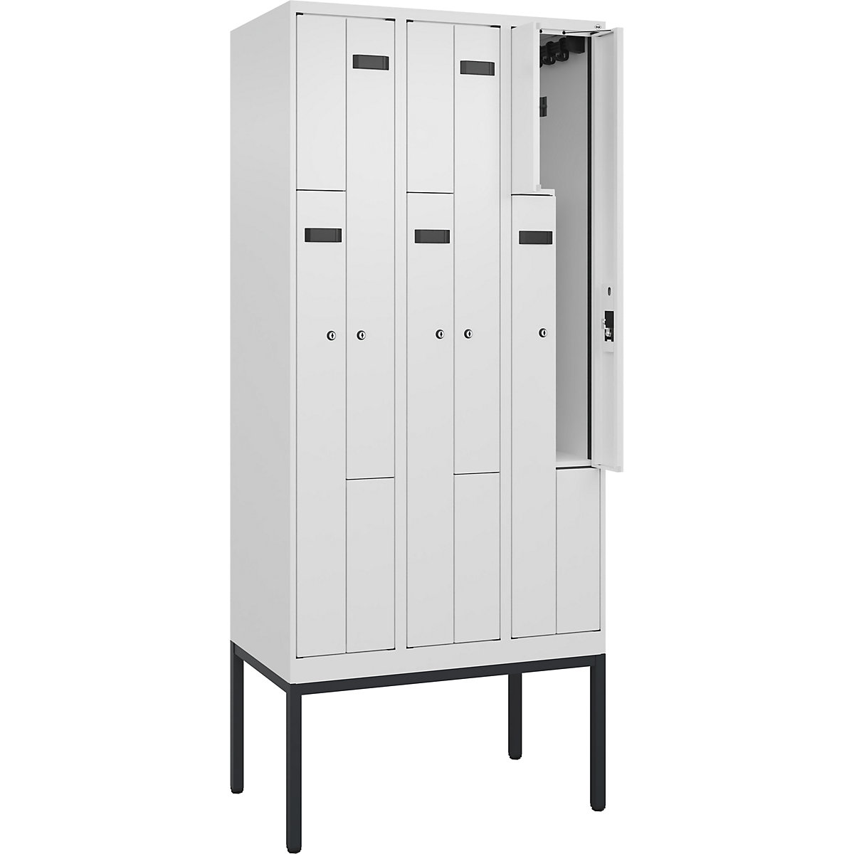 Szafka typu L Evolo PLUS, 3 przedziały, biała, szer. 900 mm, 6 schowków, z wąskimi nóżkami, zamek bębenkowy-0