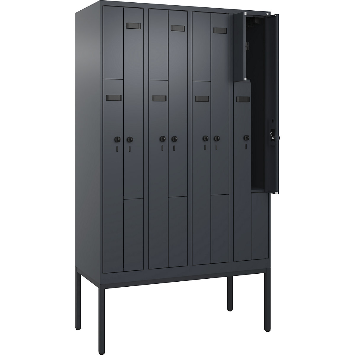 Szafka typu L Evolo PLUS, 4 przedziały, szara, szer. 1200 mm, 8 schowków, z wąskimi nóżkami, zabezpieczający rygiel obrotowy-0