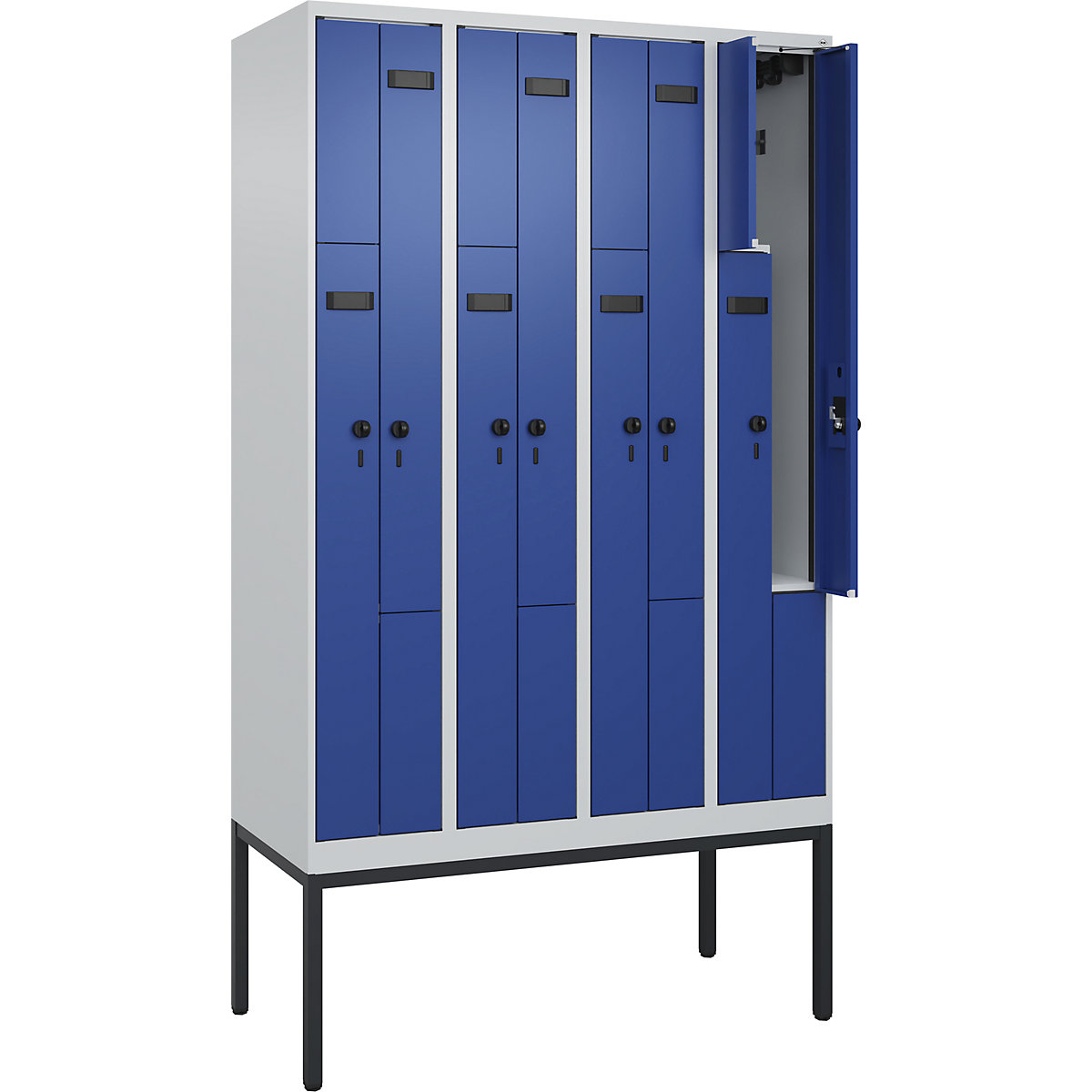 Szafka typu L Evolo PLUS, 4 przedziały, jasnoszara / niebieski gencjanowy, szer. 1200 mm, 8 schowków, z wąskimi nóżkami, zabezpieczający rygiel obrotowy-0