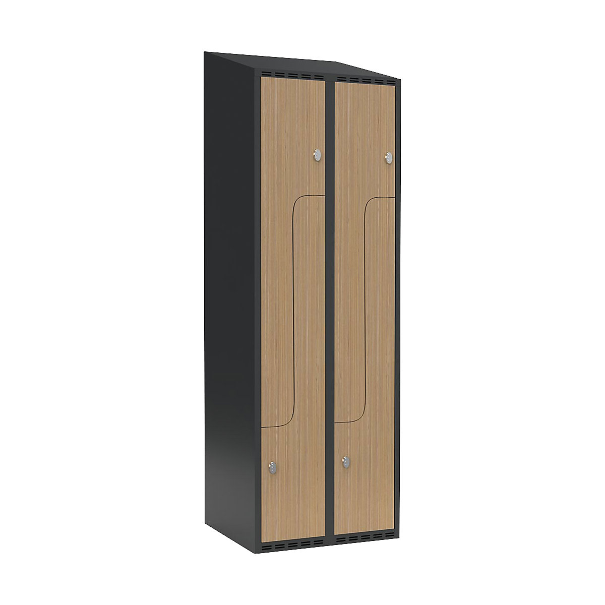 Szafka typu L Fydor, 2 przedziały, szara / dąb, szer. 600 mm, 2 przedziały, spadzista góra, kłódka-0