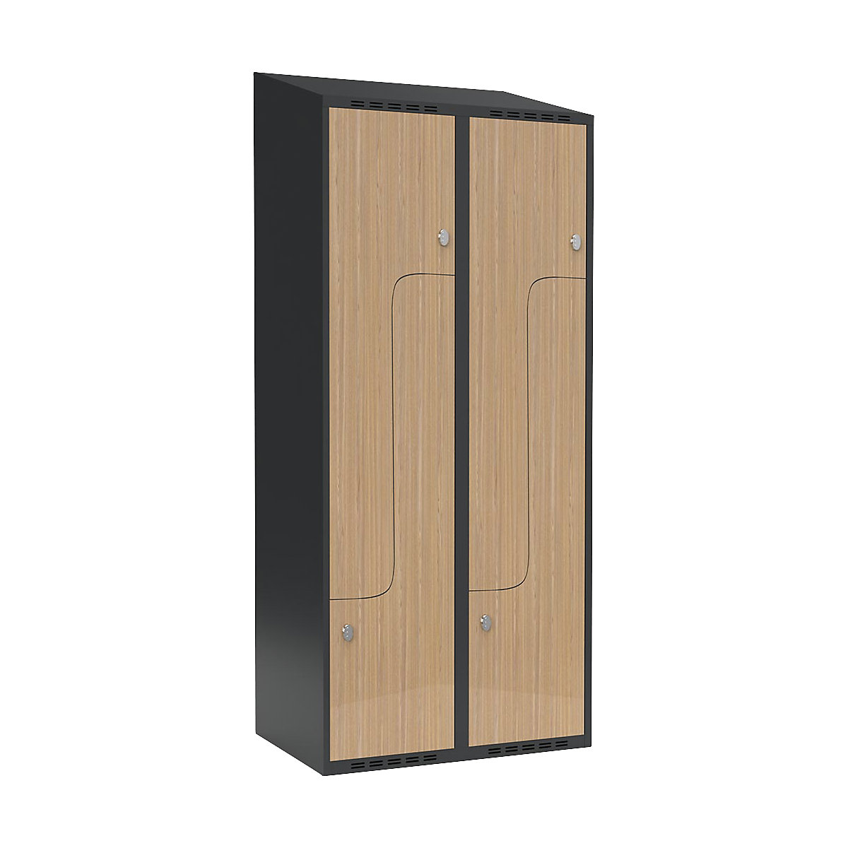 Szafka typu L Fydor, 2 przedziały, szara / dąb, szer. 800 mm, 2 przedziały, spadzista góra, kłódka-0