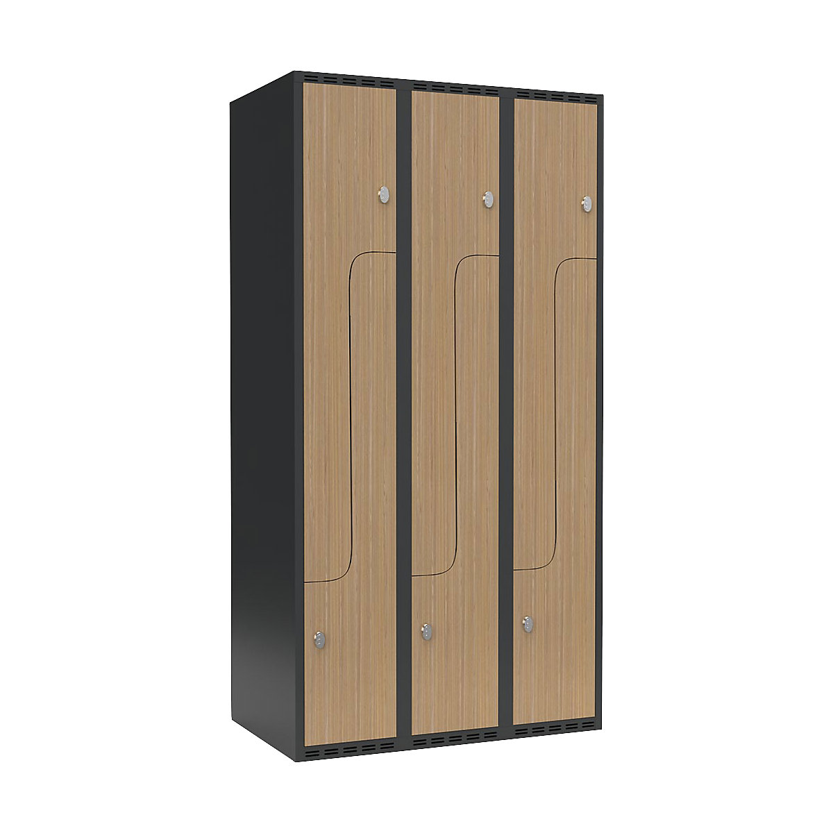 Szafka typu L Fydor, 3 przedziały, szara / dąb, szer. 900 mm, 3 przedziały, płaska góra, kłódka-0