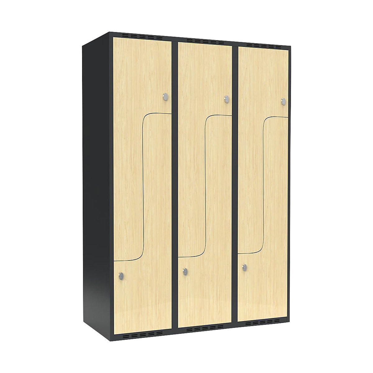 Szafka typu L Fydor, 3 przedziały, szara / brzoza, szer. 1200 mm, 3 przedziały, płaska góra, kłódka-0