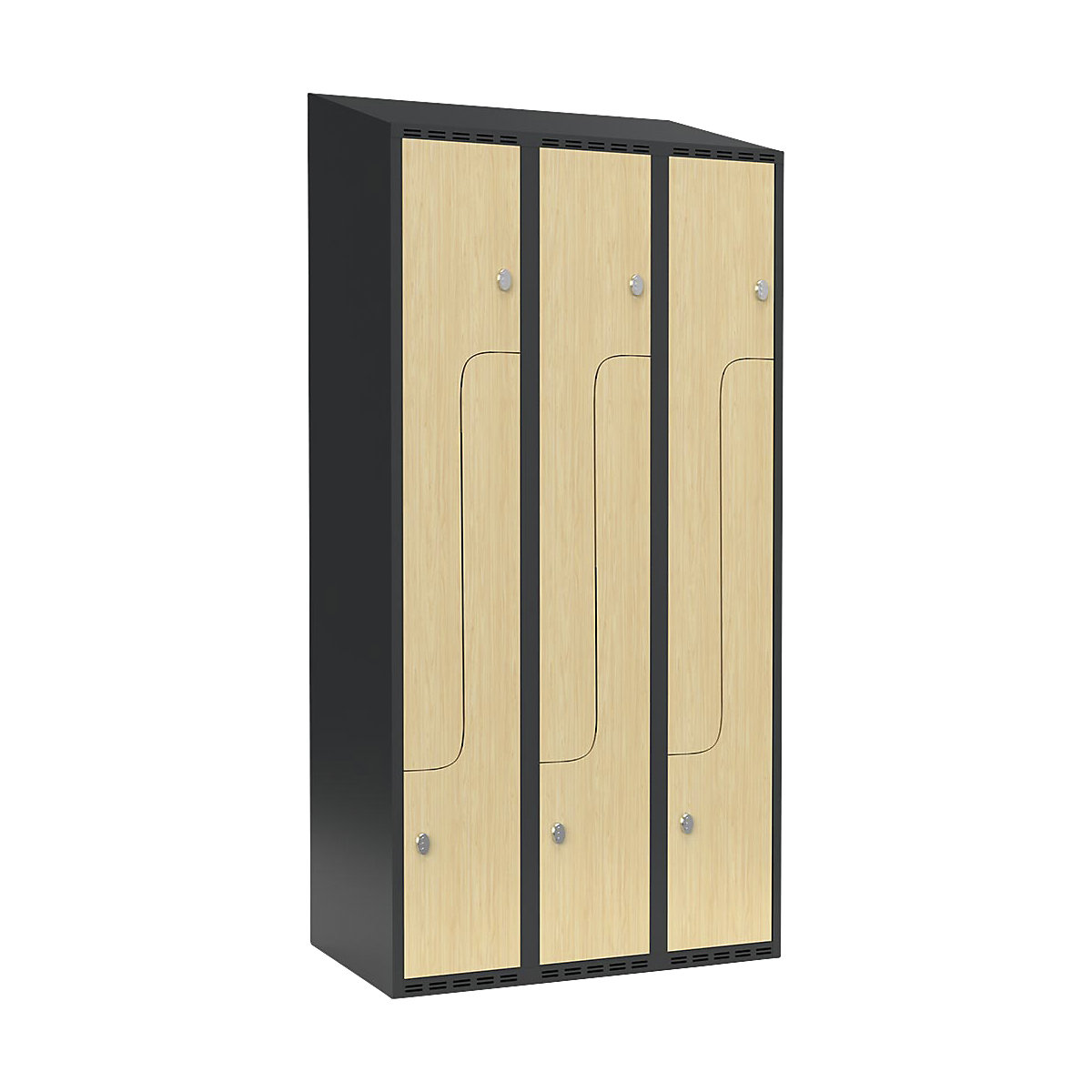 Szafka typu L Fydor, 3 przedziały, szara / brzoza, szer. 900 mm, 3 przedziały, spadzista góra, kłódka-0