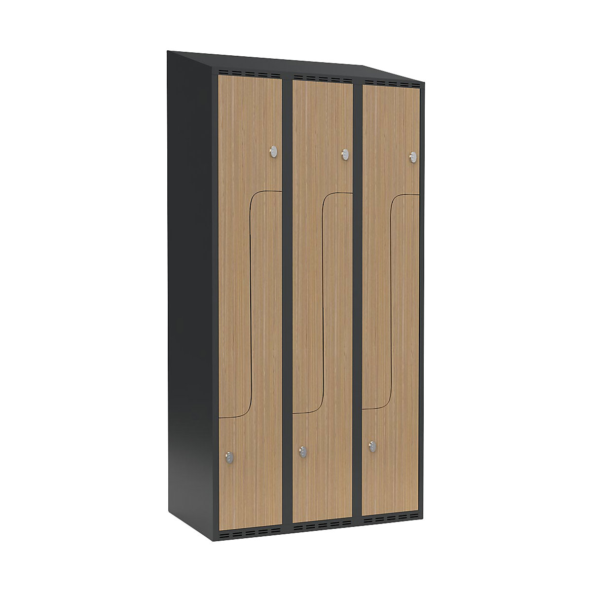 Szafka typu L Fydor, 3 przedziały, szara / dąb, szer. 900 mm, 3 przedziały, spadzista góra, kłódka-0